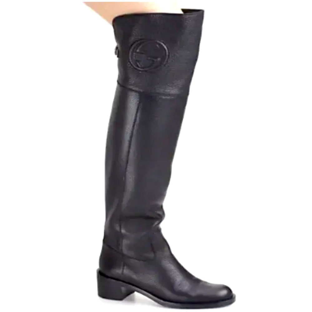 Gucci Over the Knee Boots Black Peeble Leather 38.5